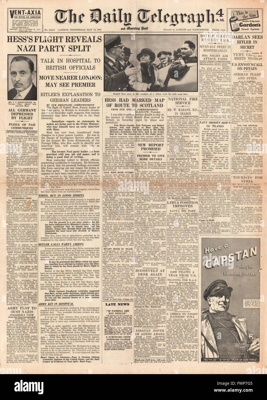Dateien von vorderen Seite Daily Telegraph Hitlers Stellvertreter Rudolf Heß nach Großbritannien und Herbert Morrison 1941 übernimmt die Kontrolle von Britains Feuerwehren Stockfoto