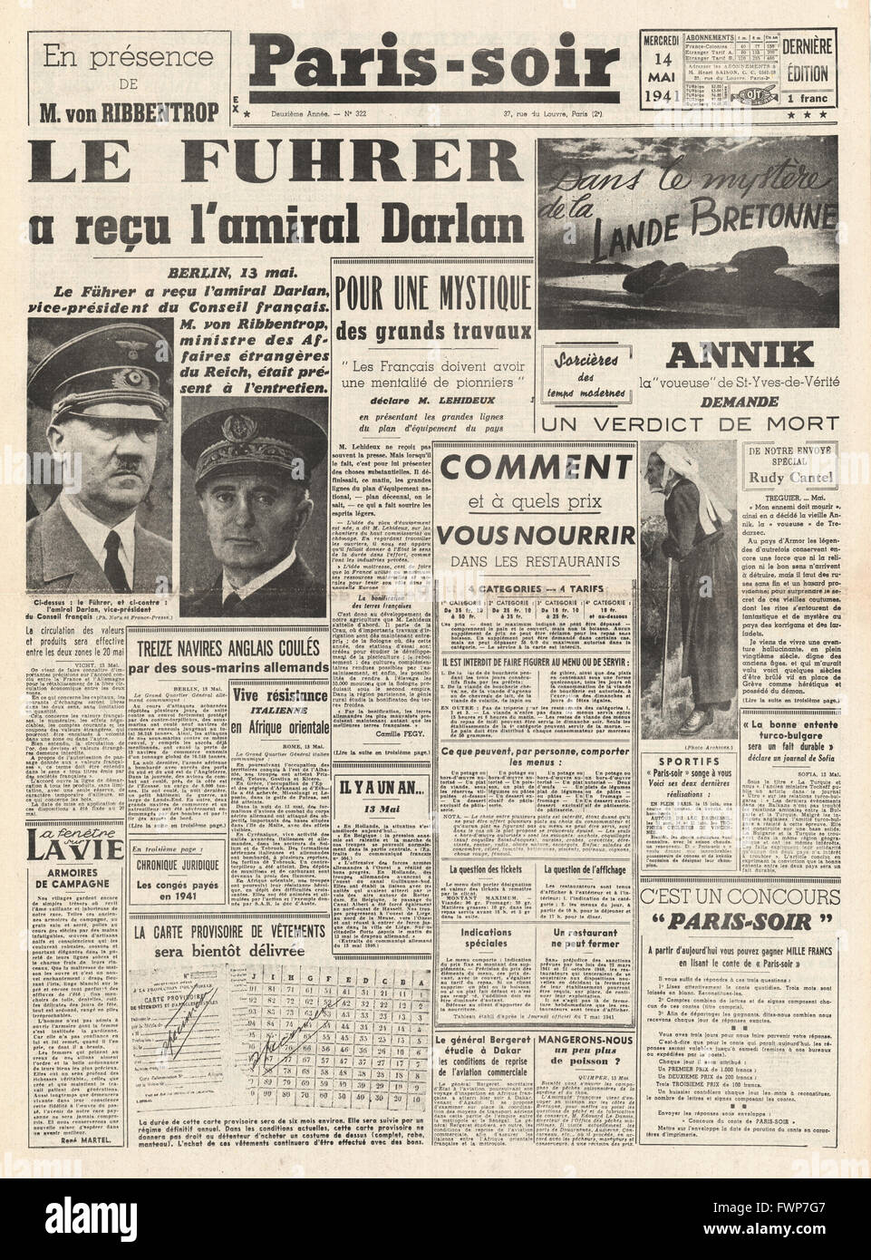 1941-Titelseite Paris - Soir Adolf Hitler trifft auf Admiral Darlan Stockfoto