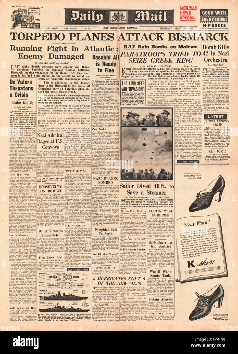 1941 Front Page Daily Mail Schlacht um Kreta und Royal Navy Flugzeuge torpedo Schlachtschiff Bismarck Stockfoto