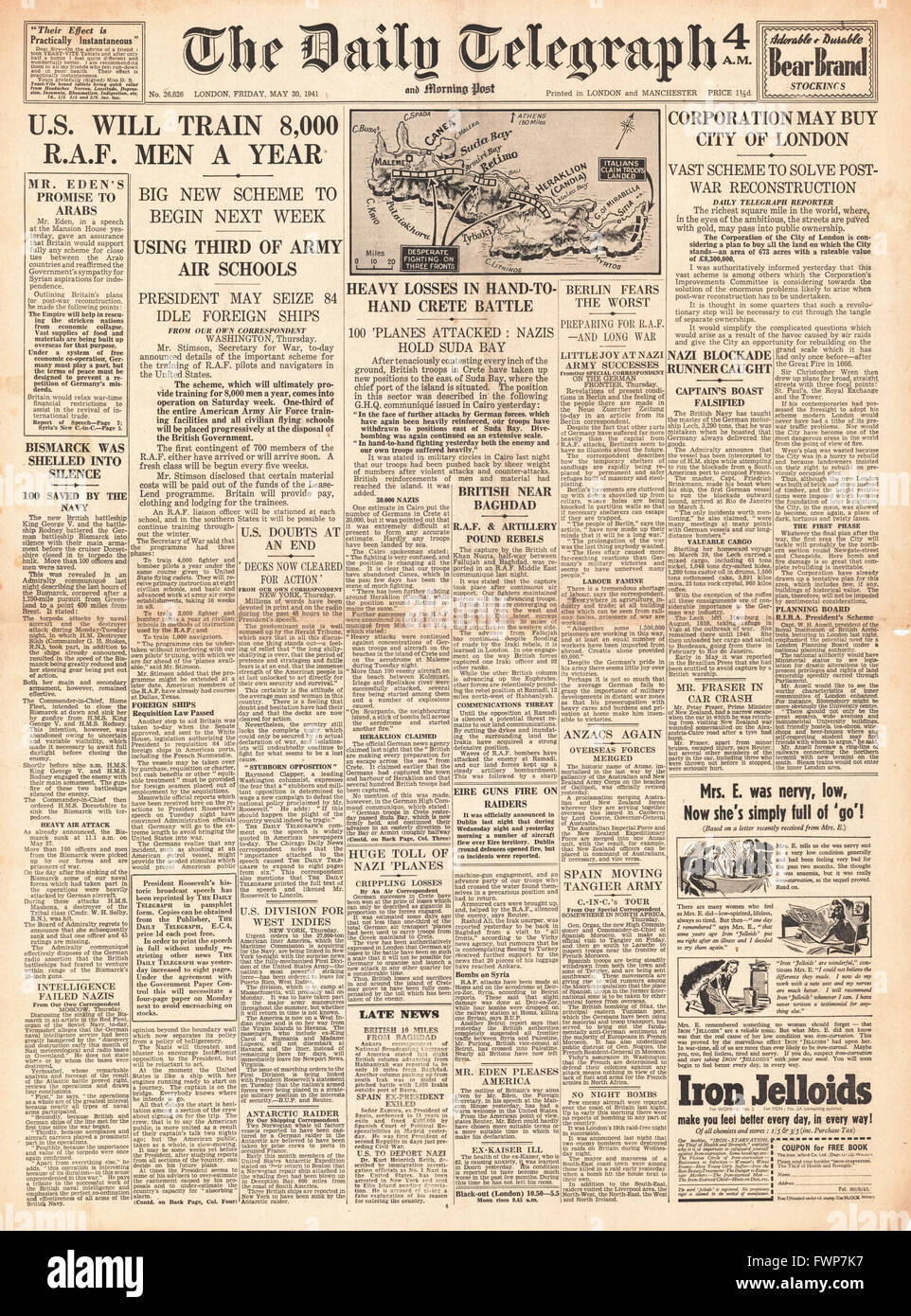 1941-Titelseite Daily Telegraph Schlacht um Kreta und U.S. RAF-Piloten trainieren Stockfoto