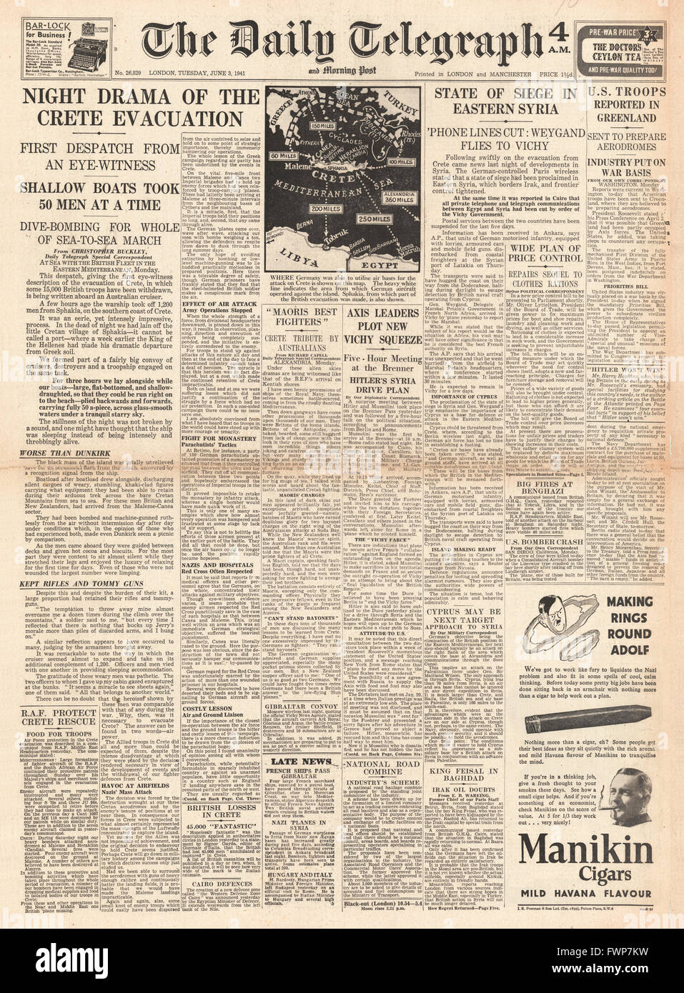 1941-Titelseite Daily Telegraph Alliierten Niederlage in Kreta und Belagerungszustand in Syrien Stockfoto