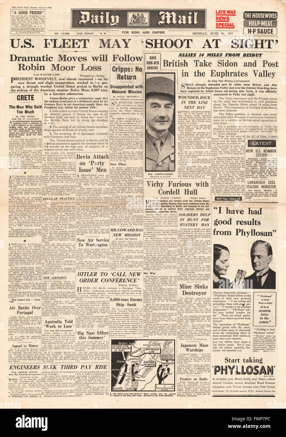 1941 erfassen Titelseite Daily Mail Roosevelt Proteste gegen Untergang der SS Robin Moor und britischen Streitkräfte syrischen Hafen von Sidon Stockfoto