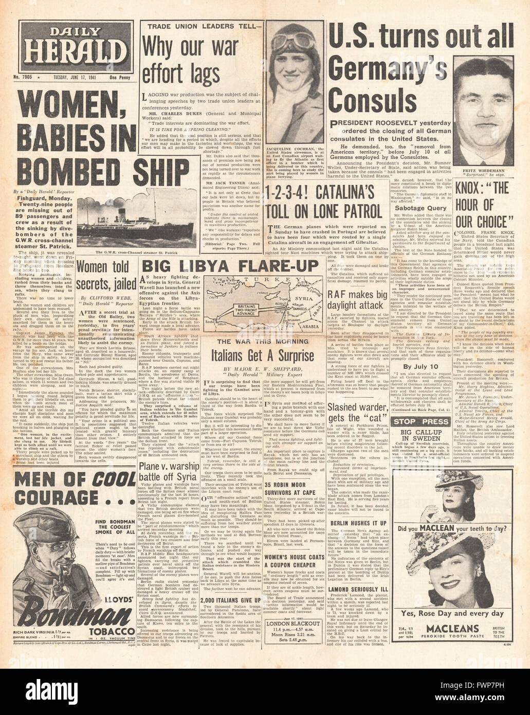 1941-Titelseite Daily Herald Cross Channel Dampfer St. Patrick vor Pembrokeshire Coast und US Luftwaffe Bomber versenkt schließen alle deutschen Konsulate Stockfoto 1941-Titelseite Daily Herald Cross Channel Dampfer St. Patrick vor Pembrokeshire Coast und US Luftwaffe Bomber versenkt schließen alle deutschen Konsulate Stockfoto