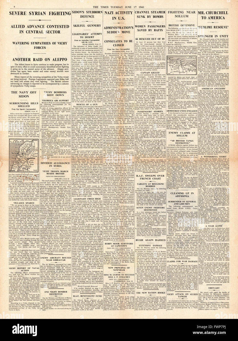 1941-Seite 4 The Times Cross Channel Dampfer St.Patrick von Luftwaffe Bomber versenkt vor Pembrokeshire Küste, Kampf um Syrien und den USA geschlossen alle deutschen Konsulate Stockfoto 1941-Seite 4 The Times Cross Channel Dampfer St.Patrick von Luftwaffe Bomber versenkt vor Pembrokeshire Küste, Kampf um Syrien und den USA geschlossen alle deutschen Konsulate Stockfoto