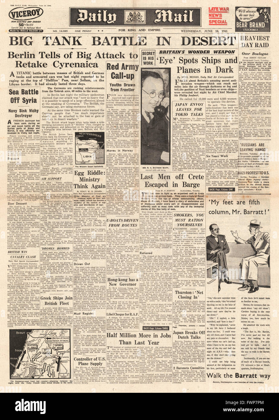 1941-Titelseite Daily Mail Panzerschlacht in Nordafrika Stockfoto