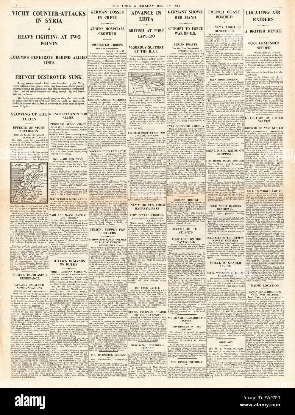 1941 s. 4 The Times Funkortung, deutsche Bomber zu erkennen Stockfoto