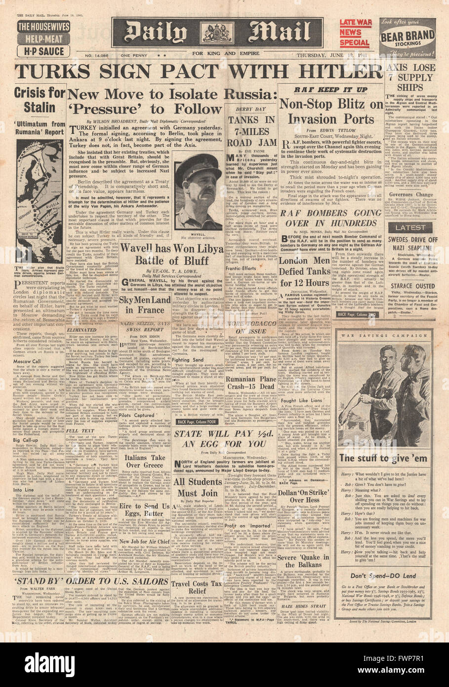 1941 Front Page Daily Mail Türkei unterzeichnet Pakt mit Deutschland und Kampf um Syrien Stockfoto