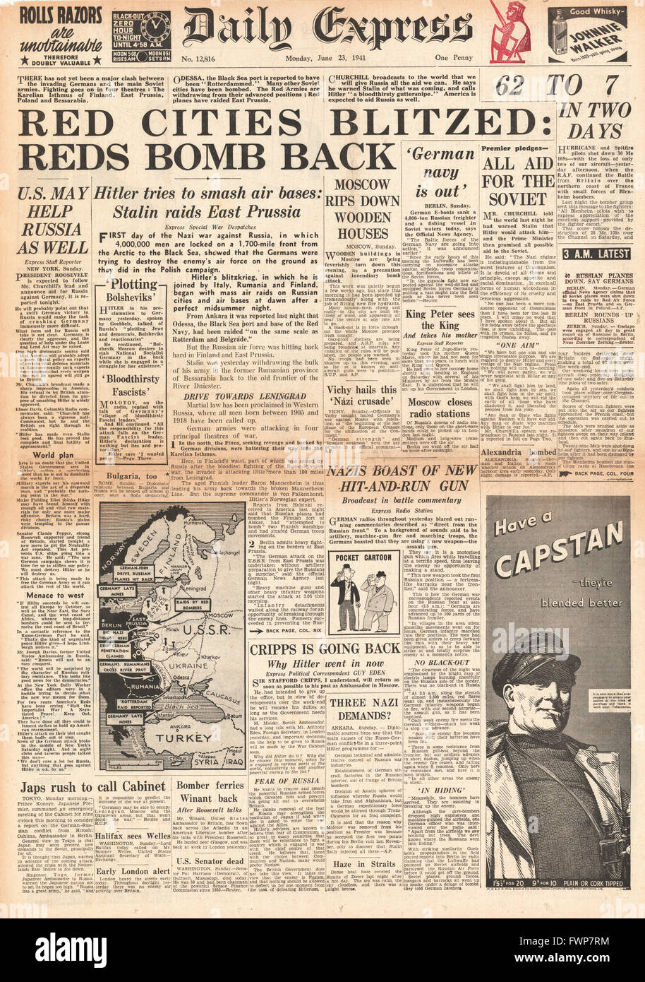 1941-Titelseite Daily Express Nazideutschland dringt in die Sowjetunion Stockfoto
