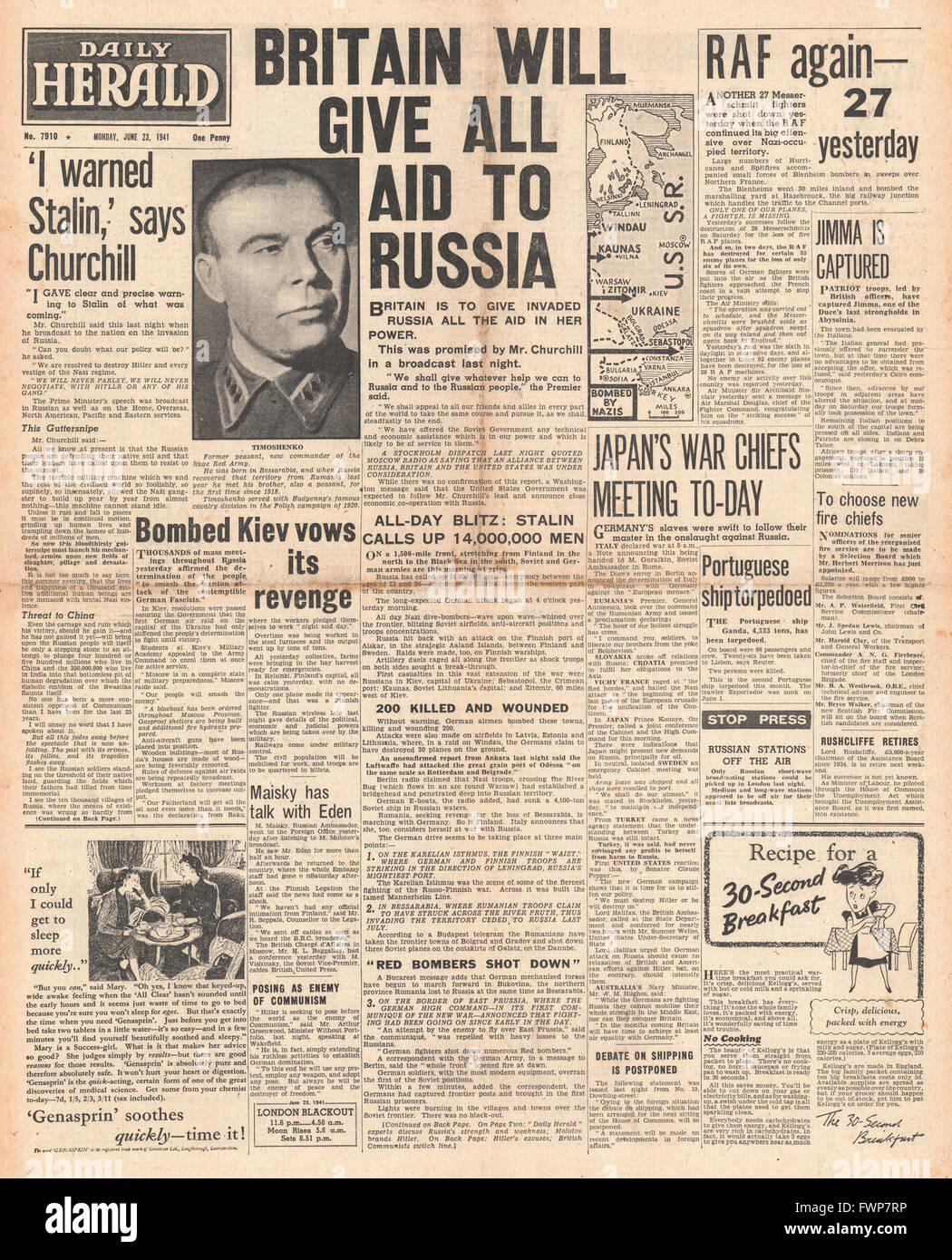 1941-Titelseite Daily Herald Nazideutschland dringt in die Sowjetunion Stockfoto