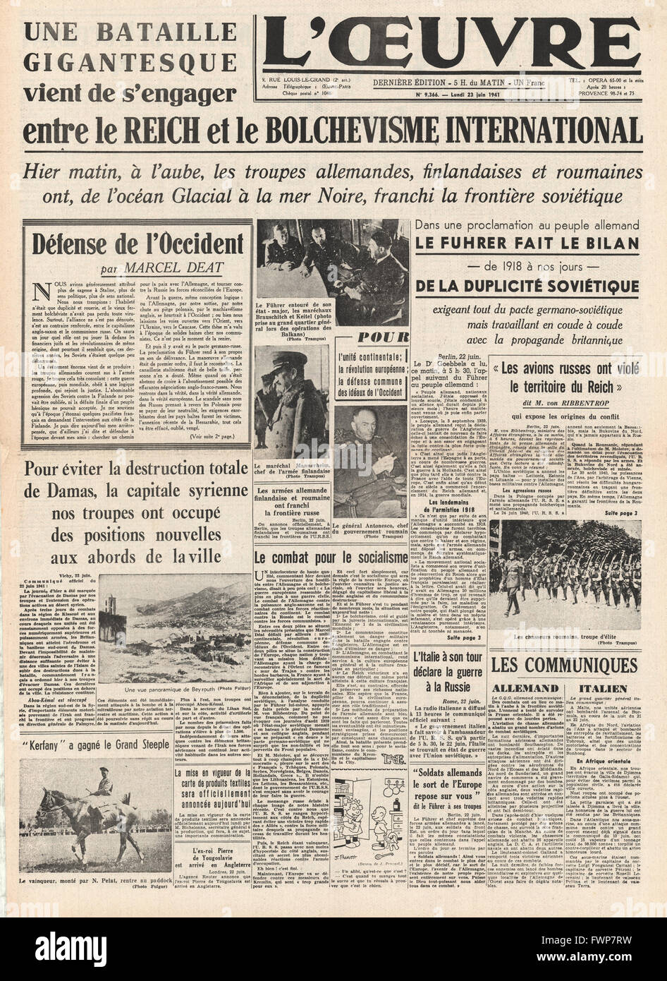 1941-Titelseite L'Oeuvre Nazi-Deutschland dringt in die Sowjetunion Stockfoto
