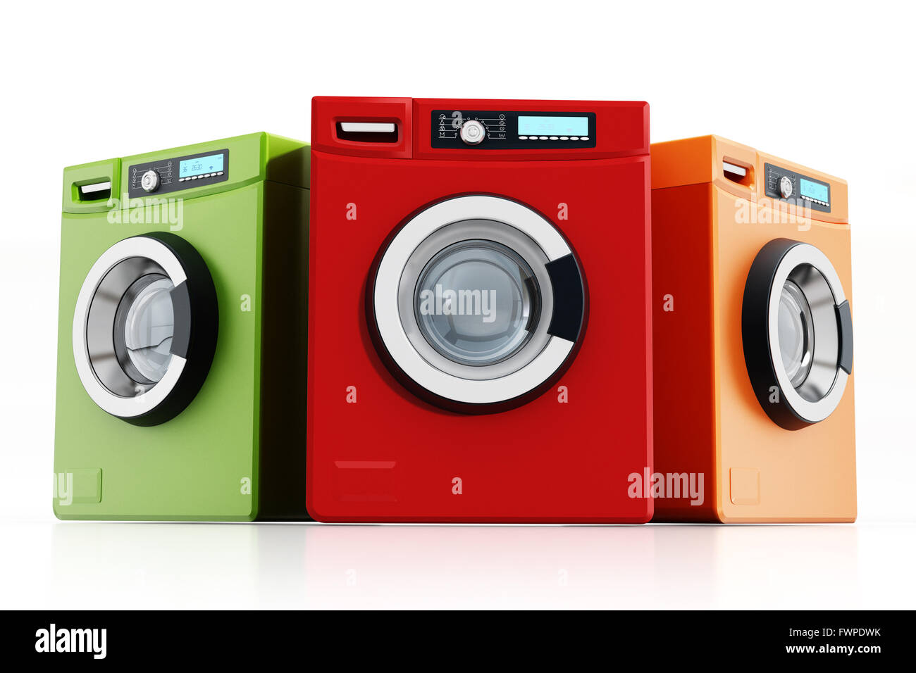Multi farbige Waschmaschinen isoliert auf weißem Hintergrund Stockfoto