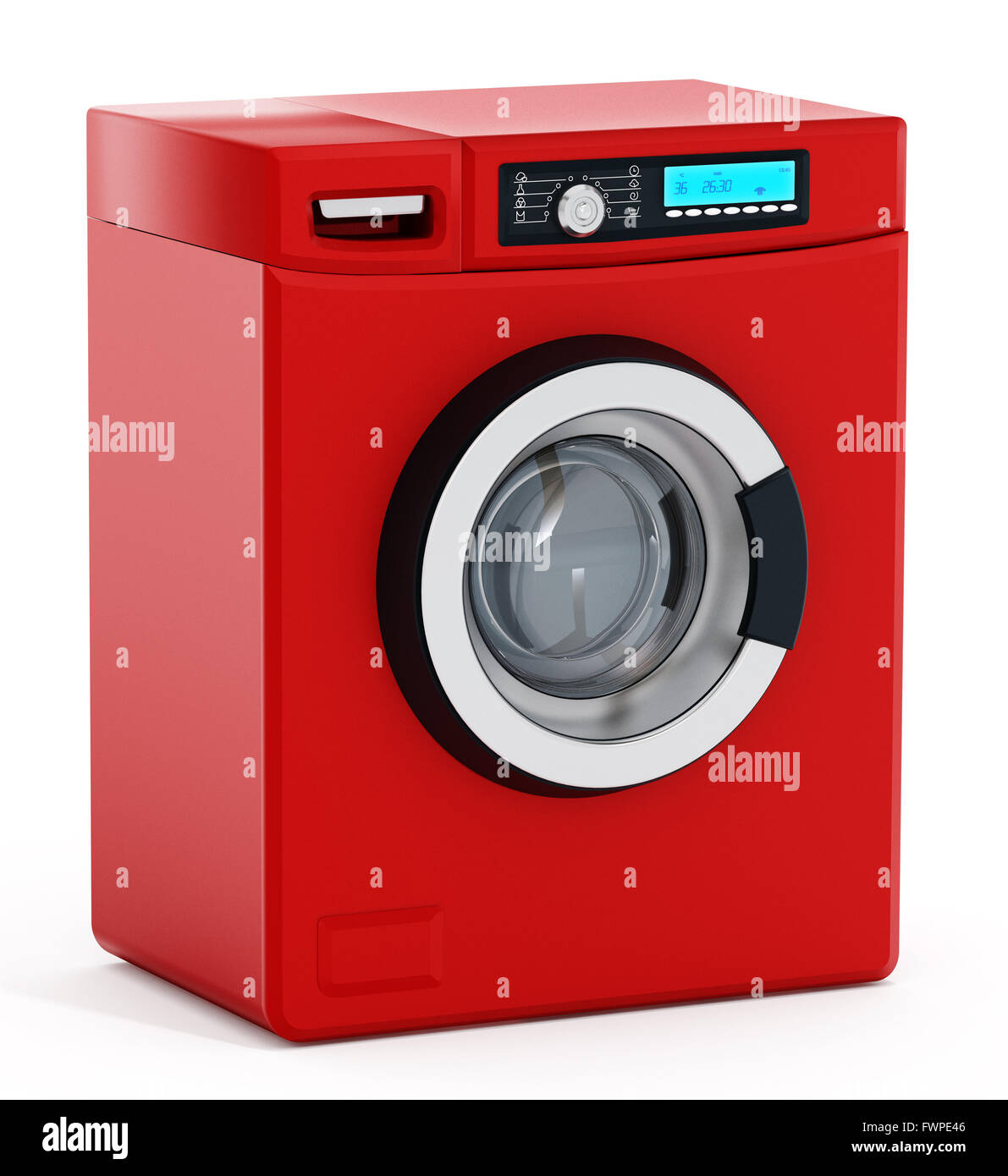 Rote Waschmaschine mit Digitalanzeige isoliert auf weißem Hintergrund Stockfoto