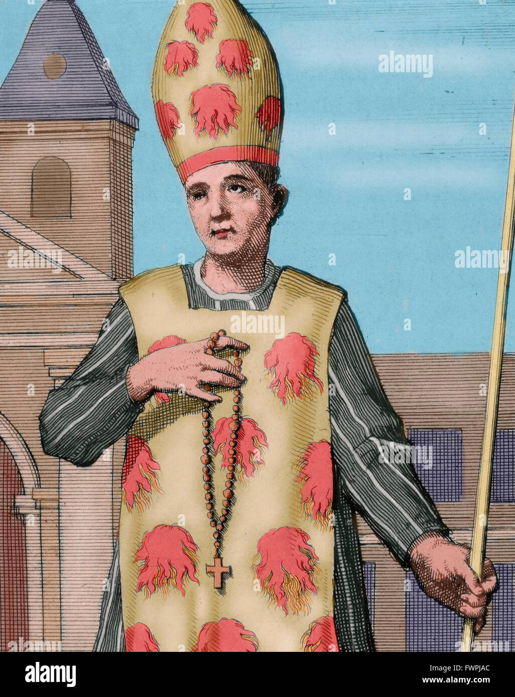 Verurteilten Ketzer vor der Inquisition ein Fuego Revolto tragen. Gravur. 1692. farbige. Stockfoto