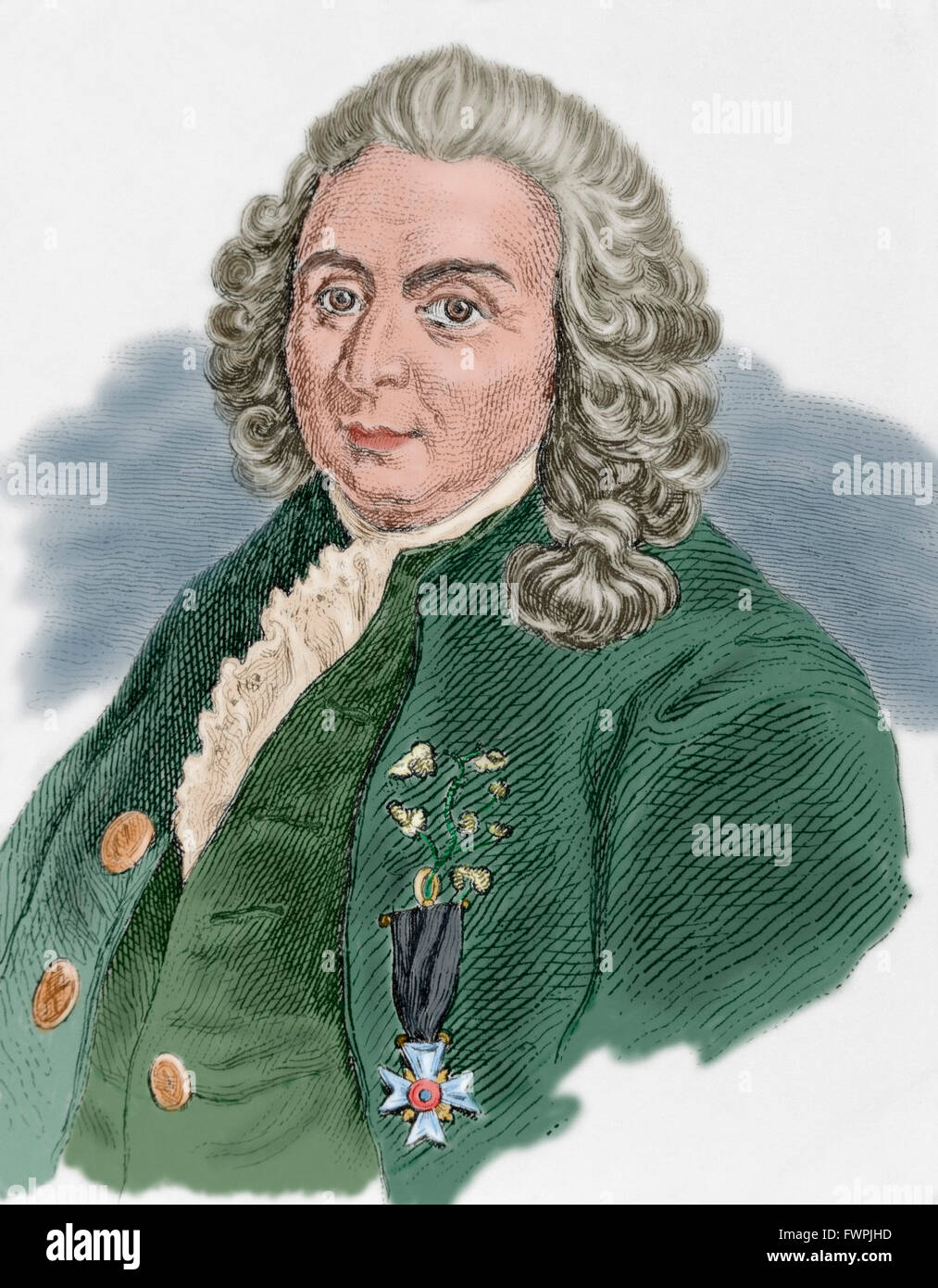 Carl von Linné (1707-1778). Schwedischer Arzt und Botaniker. Porträt. Gravur. Farbige. Stockfoto