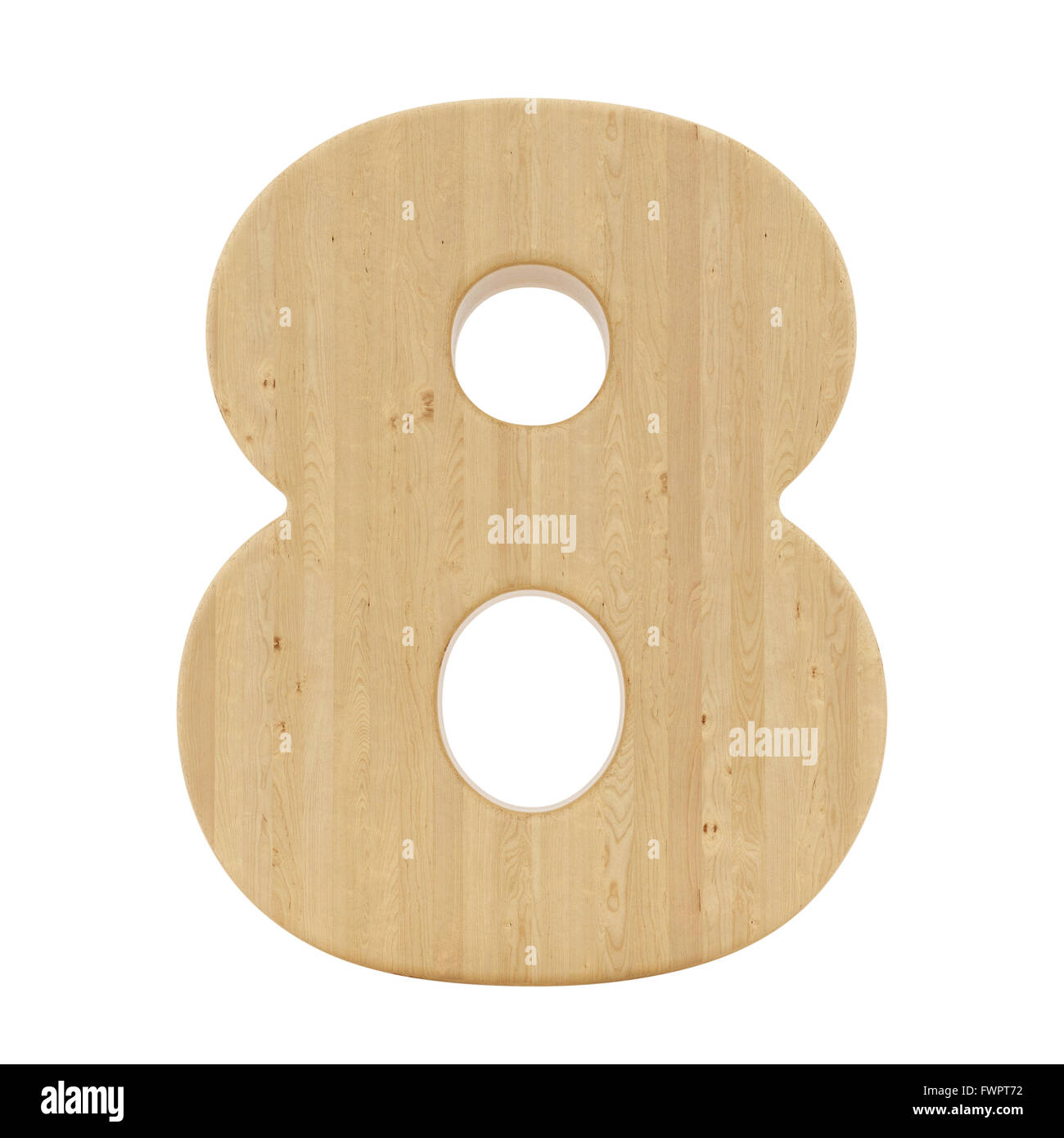 Rendern der Zahl 8 mit Holzstruktur, isoliert auf weiss Stockfoto