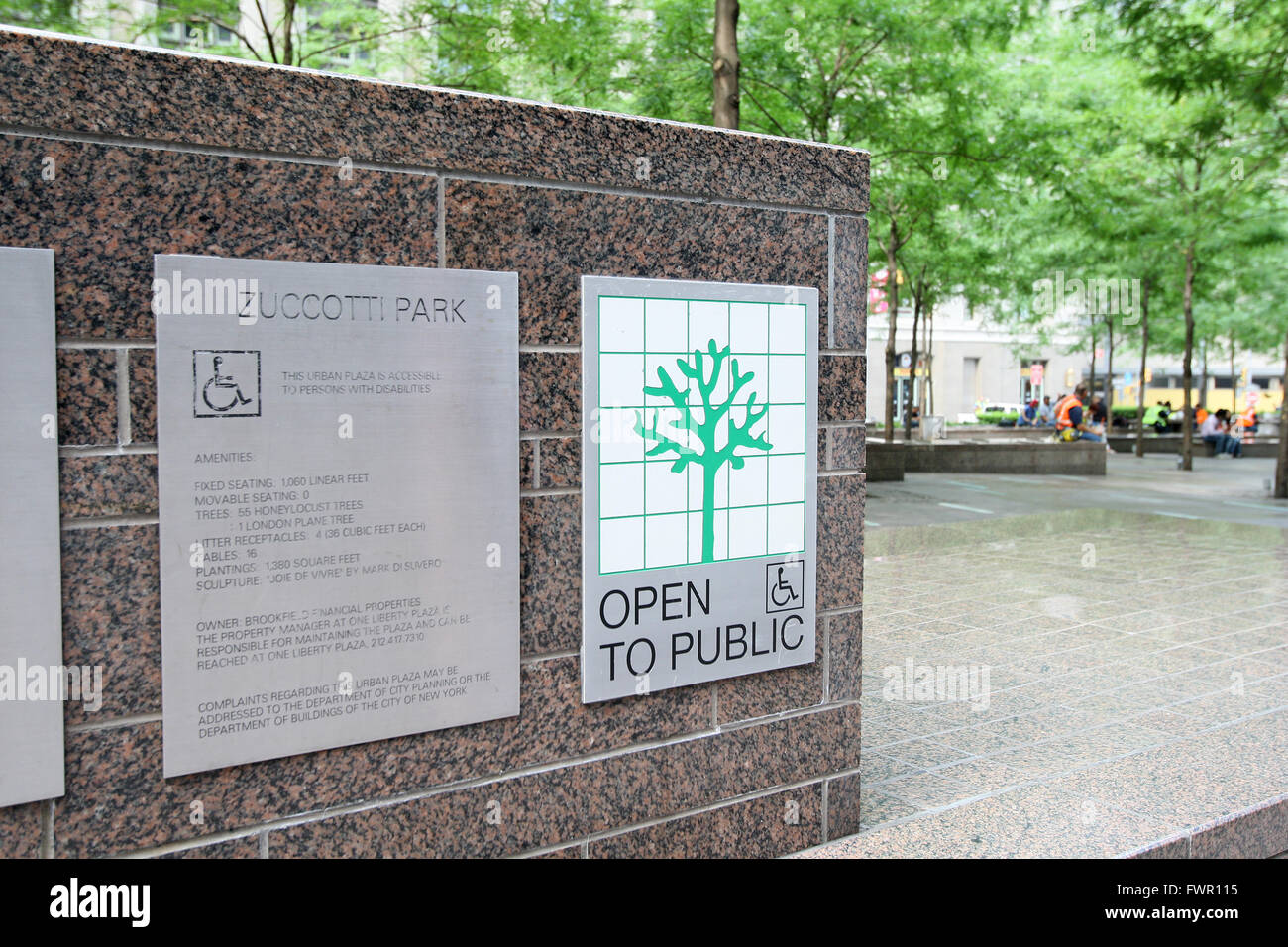 Zuccotti Park in lower Manhattan in New York City, NY., am 10. Juli 2013. Stockfoto