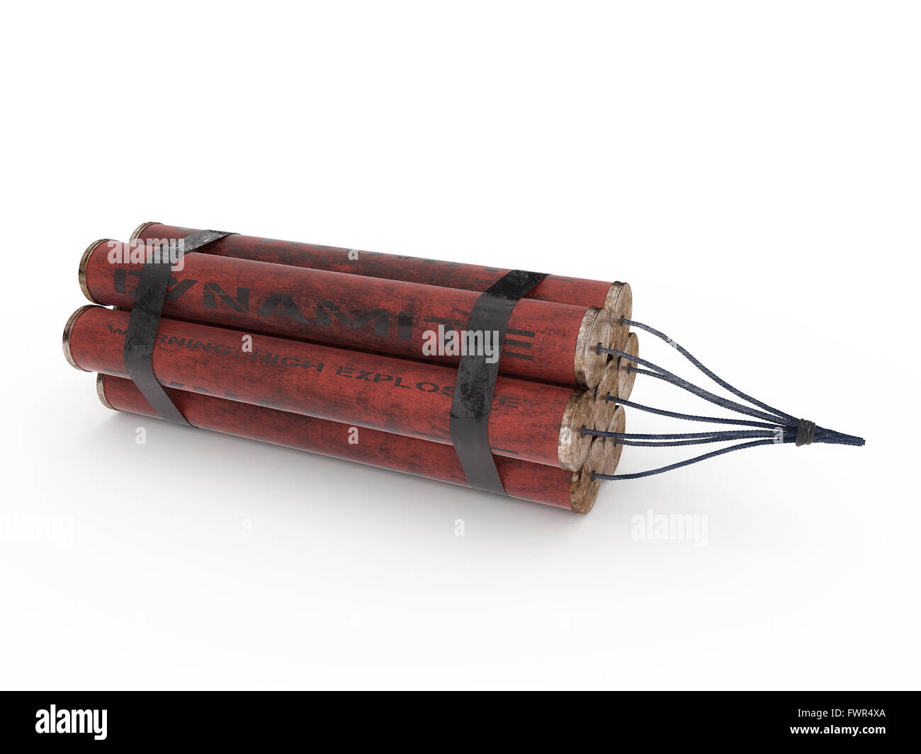 Im Alter von Dynamitstangen verpackt zusammen mit Sicherung isoliert auf weißem Hintergrund. Stockfoto