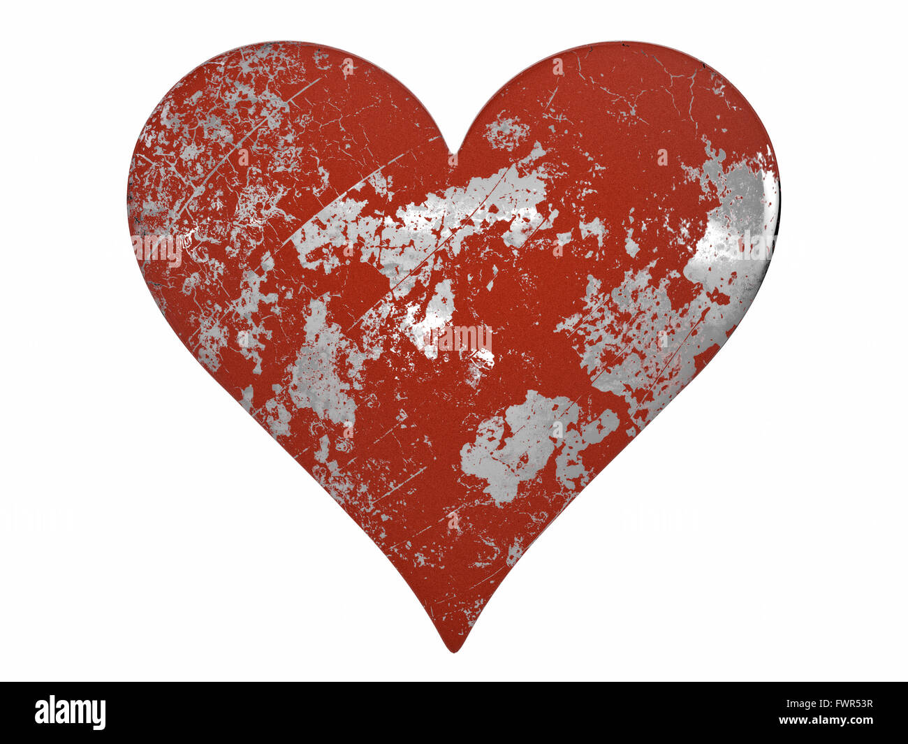 Gechipt und zerkratzt lackiert Metall Herz isoliert auf weißem Hintergrund. Stockfoto