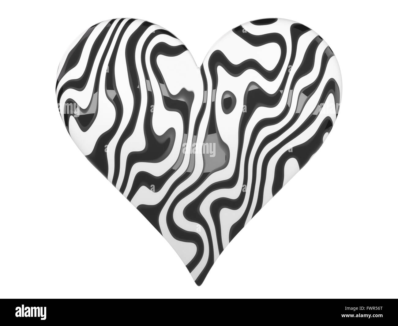 Zebra gestylt und schwarz glänzend Herzsymbol auf einem weißen Hintergrund isoliert. Stockfoto