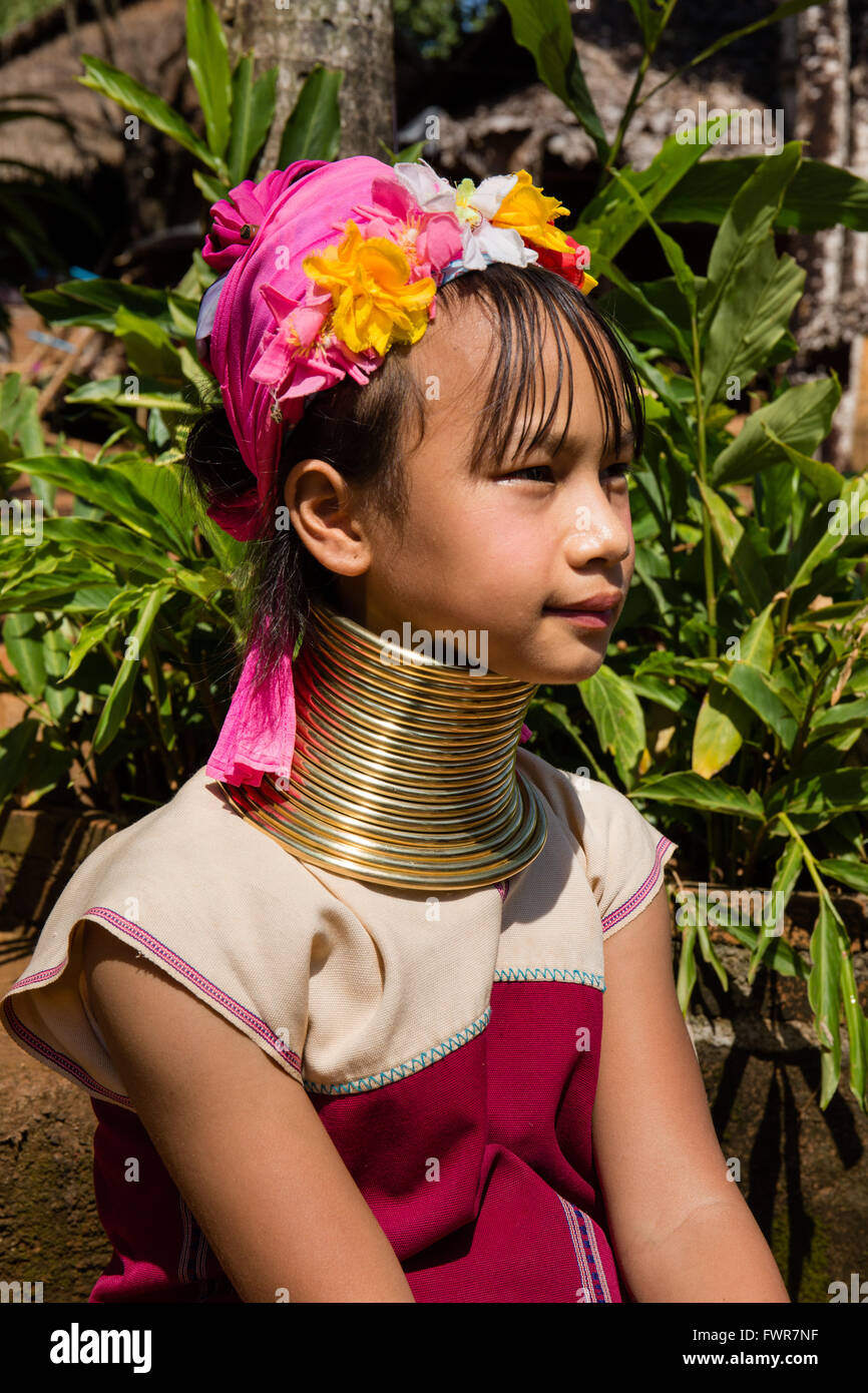 Mädchen aus der Padaung Bergvolk mit Hals Ringe, Frau mit langem Hals, lange Hals Karen, Provinz Chiang Rai, Nordthailand Stockfoto
