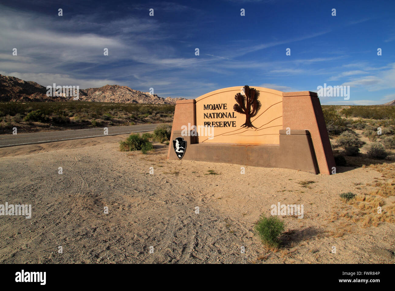 Ortseingangsschild, Mojave National Preserve, Kalifornien Stockfoto