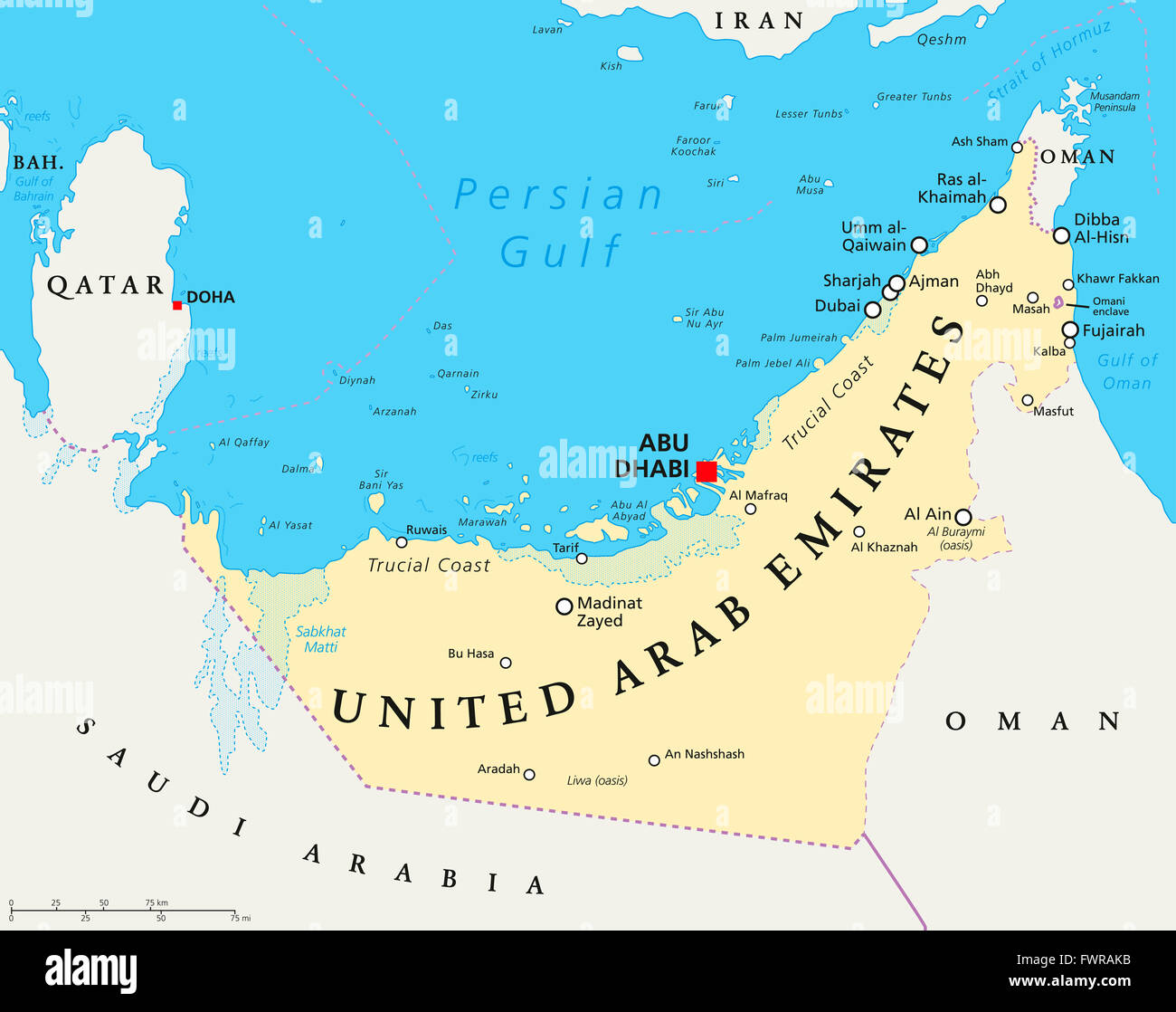 Vereinigte Arabische Emirate politische Karte mit Hauptstadt Abu Dhabi, Landesgrenzen, wichtige Städte und Gewässer. Englisch. Stockfoto