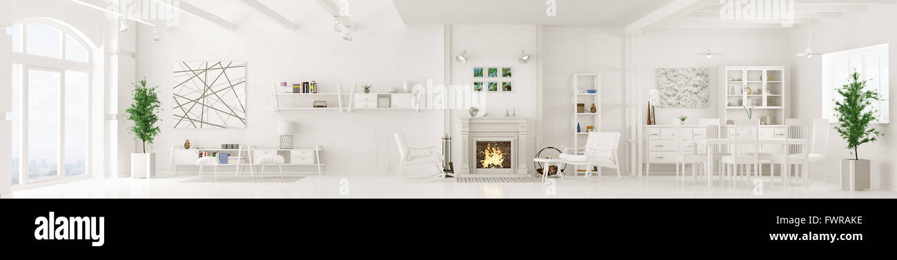Innenraum der weißen Schlafzimmer, Wohnzimmer, Esszimmer, Aufenthaltsraum mit Kamin, Panorama 3D-Rendering Stockfoto