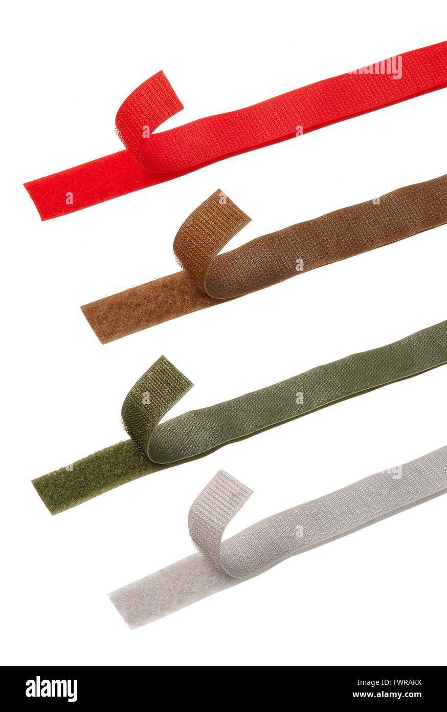 Vier farblich Velcro Streifen isolierten auf weißen Hintergrund Stockfoto