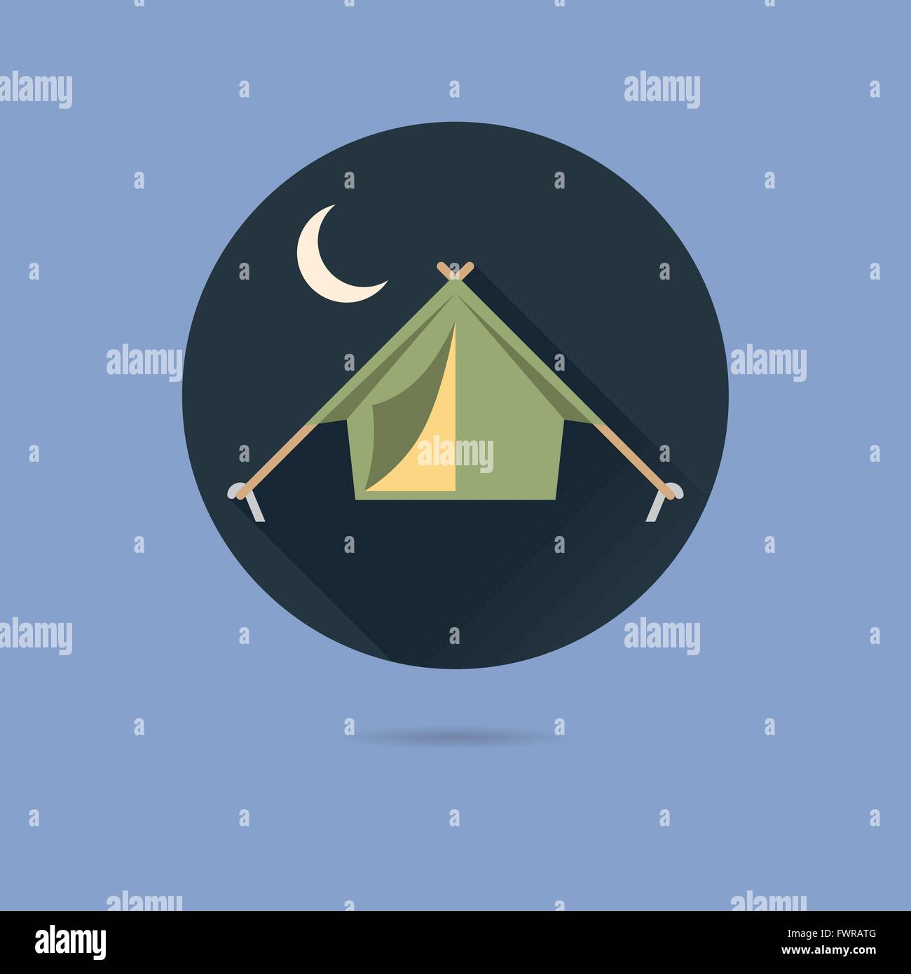 Camping Zelt flache Bauweise lange Schatten Vektor Icon im Kreis auf blauem Hintergrund Pastell Stock Vektor