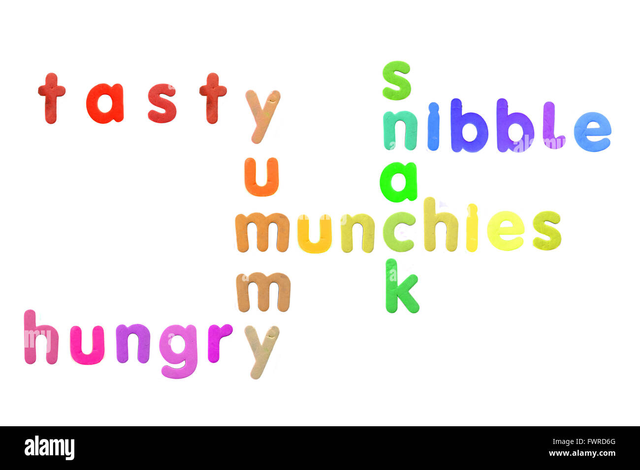 Essen verwandte Wörter erstellt von Kühlschrankmagneten vor weißem Hintergrund fotografiert. Stockfoto