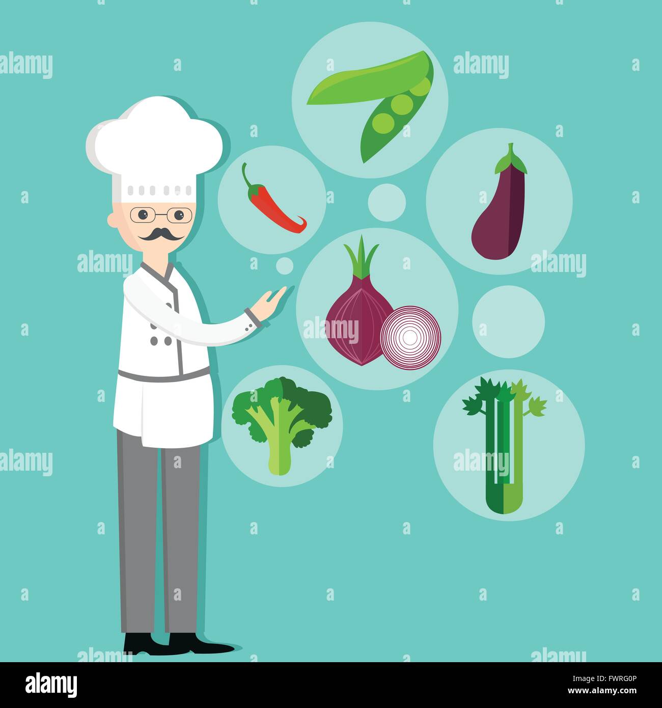 Koch-Comic-Charakter mit Hut und Gemüse vegetarische Zutaten Zwiebel ...