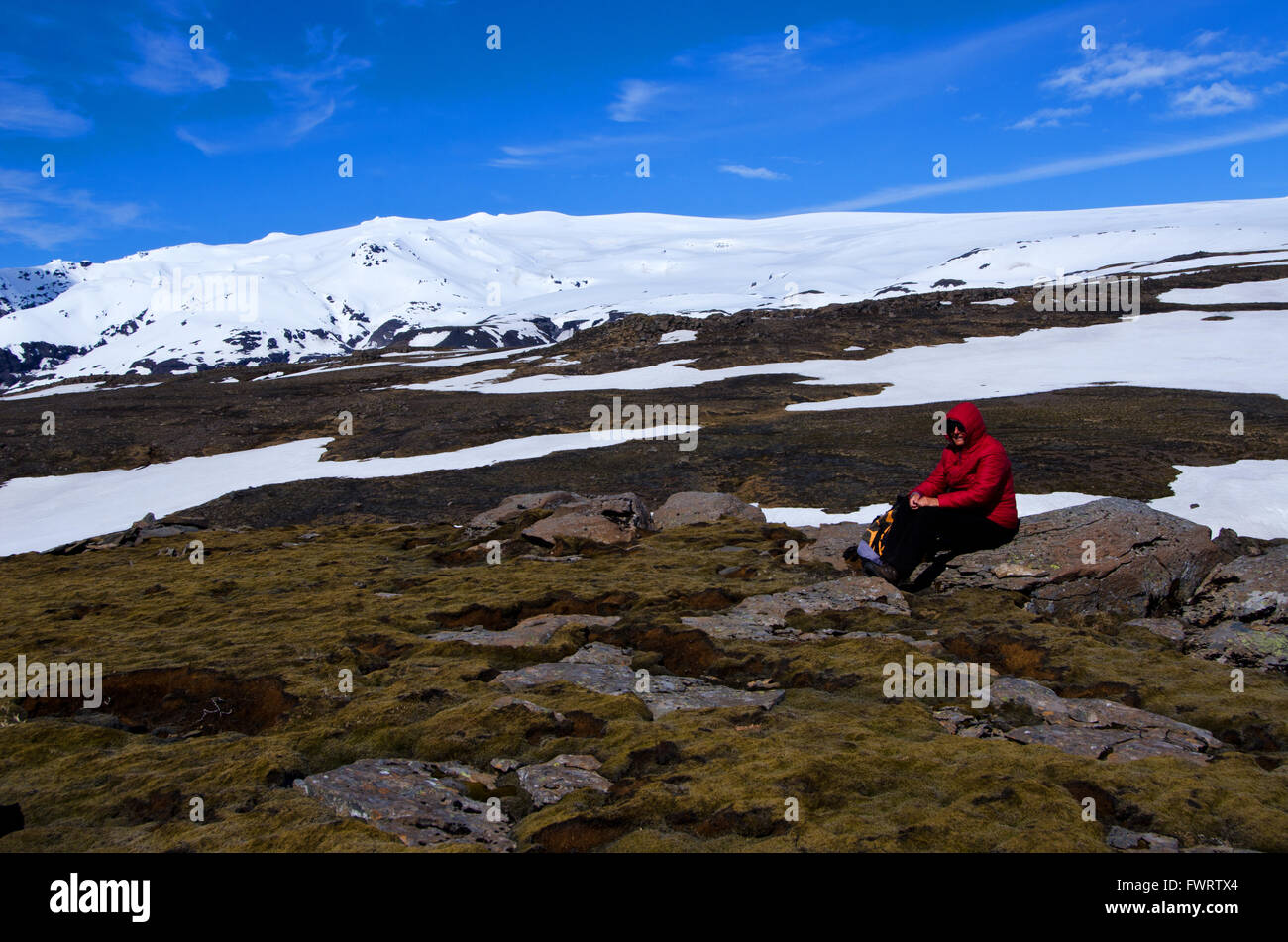 Wanderer Skoga entlang mit Blick auf Eyjafiallayökul Vulkan und Gletscher, Island Stockfoto