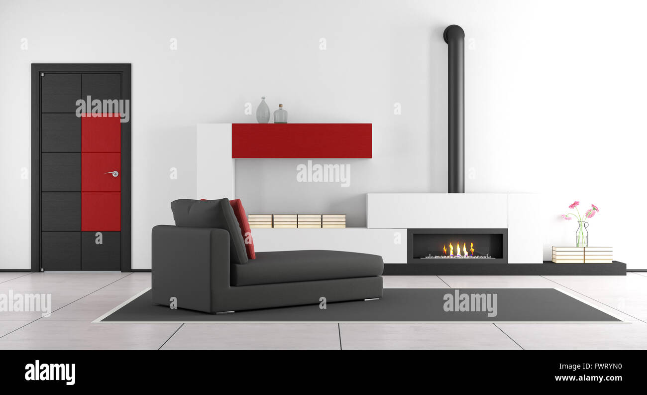 Zeitgenössische Wohnzimmer mit Kamin, Chaiselongue und geschlossener Tür - 3d rendering Stockfoto