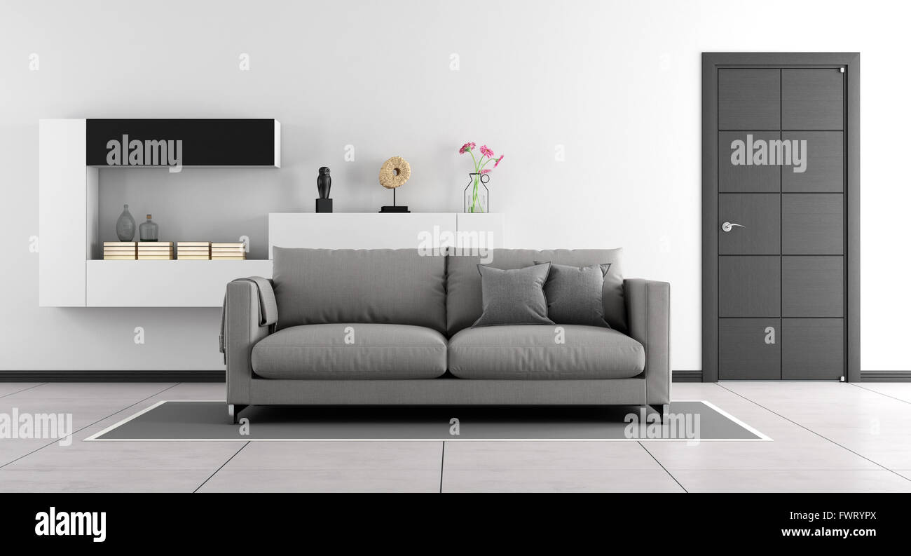 Schwarz und weiß Wohnzimmer mit Sofa, Schrankwand und geschlossen Tür - 3d Rendering Stockfoto