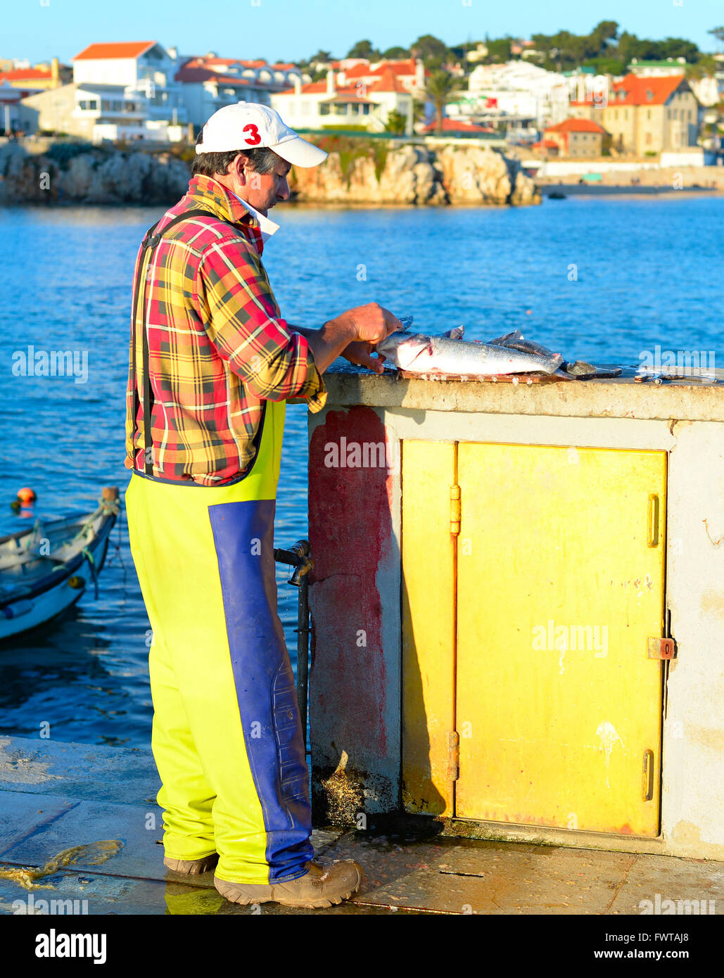 Mann, die Reinigung der Fisch auf einem Pier in Cascais. Cascais ist eine Küstenstadt, 30 km von Lissabon. Stockfoto