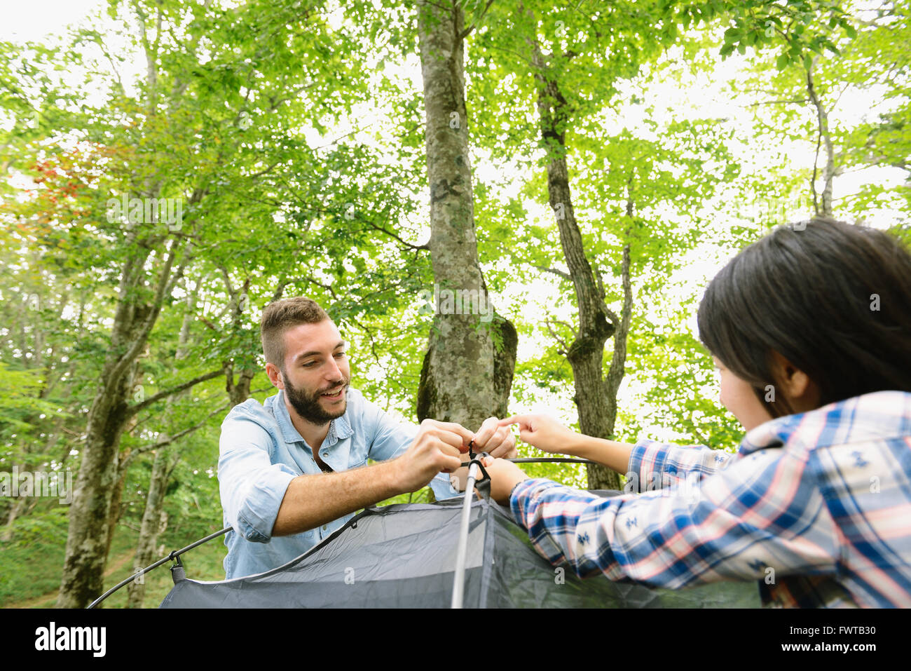 Freunde, die ein Zelt auf einem Campingplatz aufstellen Stockfoto