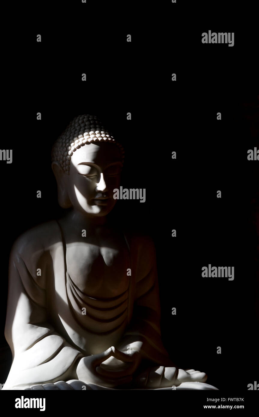 Statue von Buddha in einem abgedunkelten Raum, mit ein wenig Sonnenlicht offenbart seine Funktionen Stockfoto