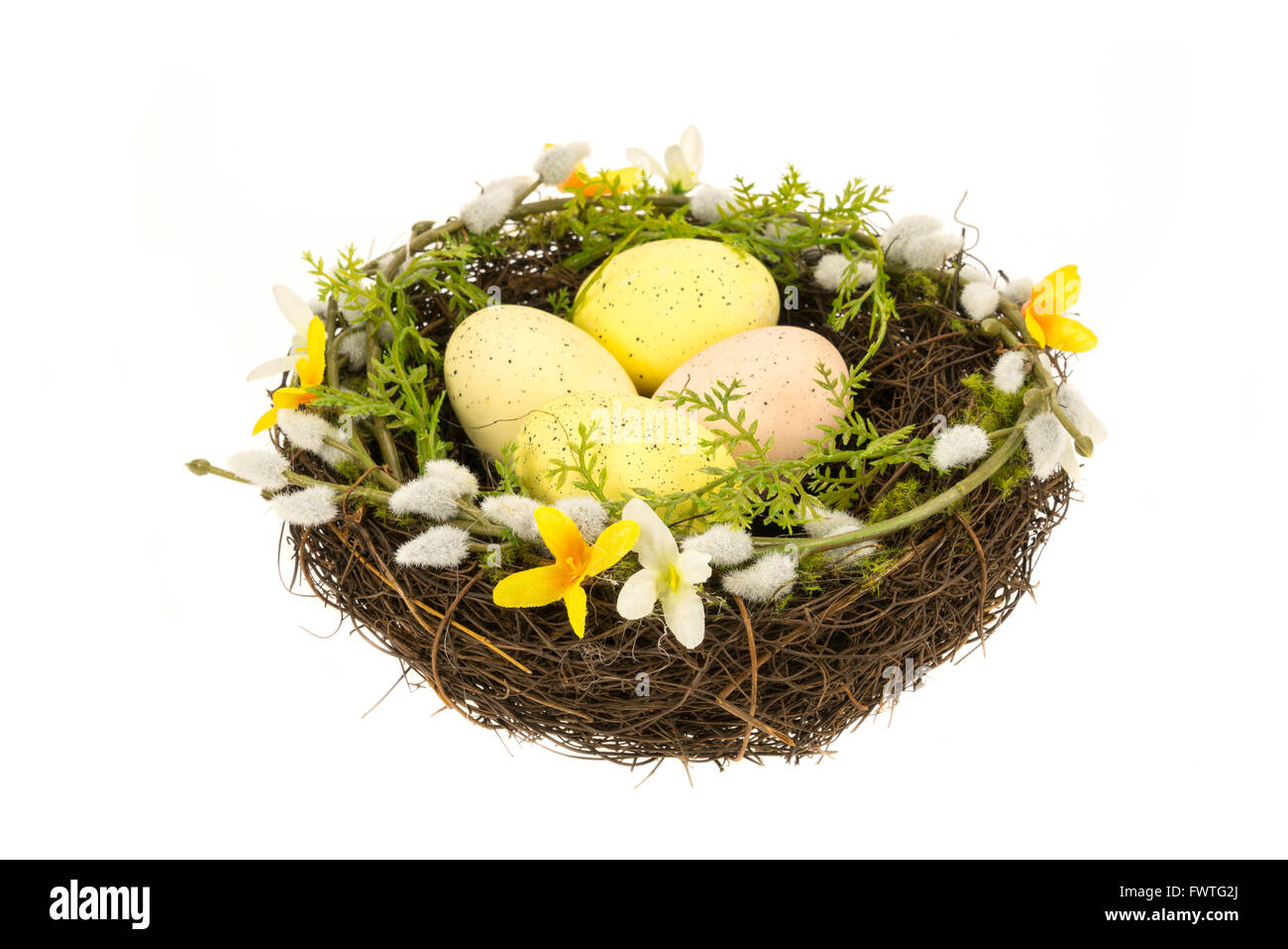 Eine Ostern nest mit vier bunte Eiern - weißer Hintergrund Stockfoto