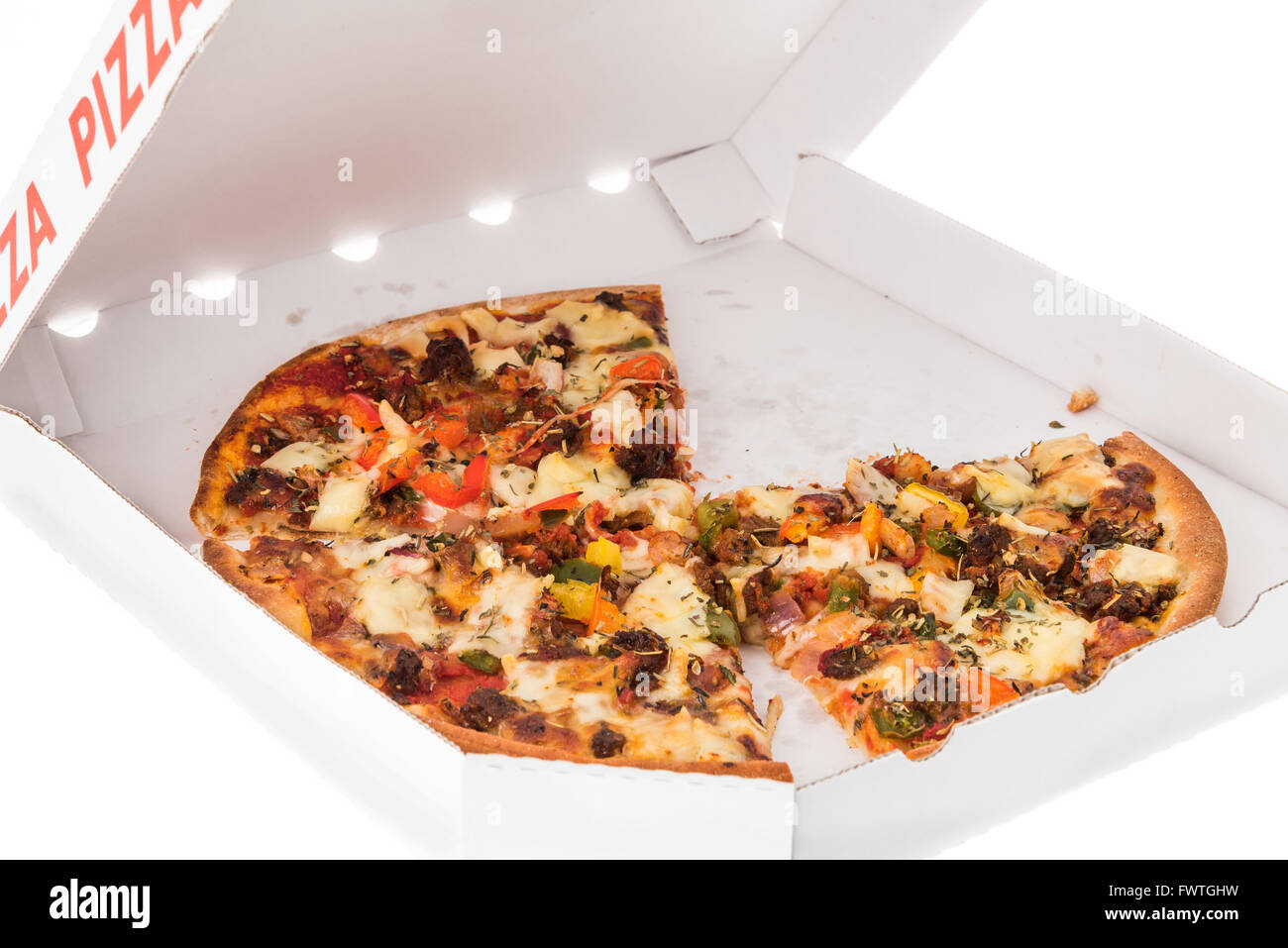 Pizzastücke in einer Box - weißer Hintergrund Stockfoto
