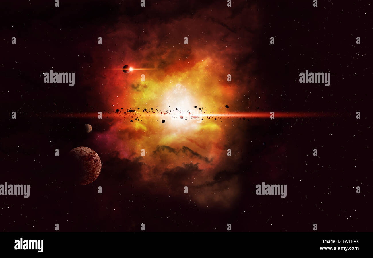 imaginäre Weltraum Nebel Hintergrund mit Planeten und Asteroiden Stockfoto
