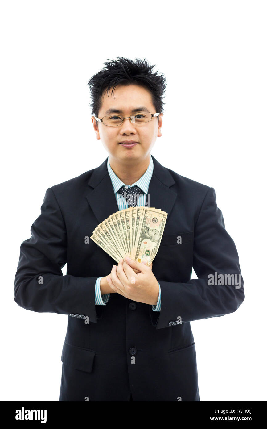 Geschäftsmann hält Geld isoliert auf weißem Hintergrund Stockfoto