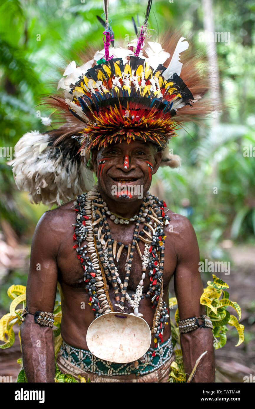 Einheimischen Tänzer tragen traditionelle Kopfbedeckung Maclaren Harbour, Papua New Guinea Stockfoto