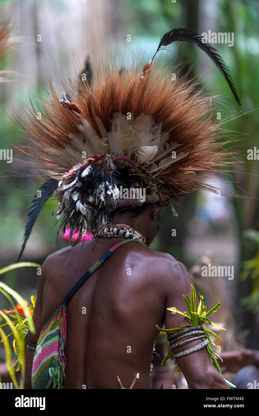 Einheimischen Tänzer tragen traditionelle Kopfbedeckung Maclaren Harbour, Papua New Guinea Stockfoto