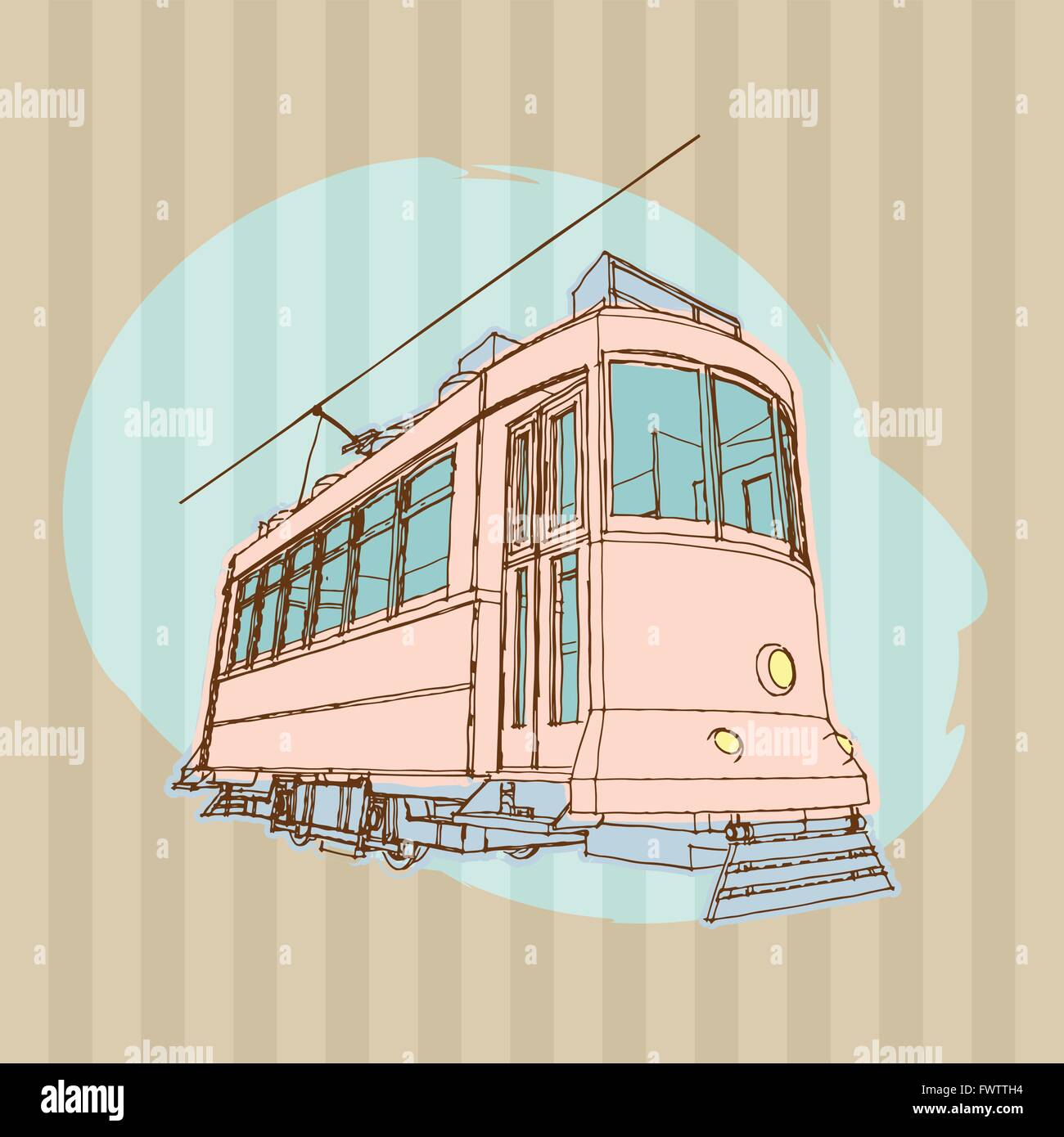 Vector retro Straßenbahn. Hand gezeichnet Abbildung: vintage Straßenbahnwagen. Stock Vektor