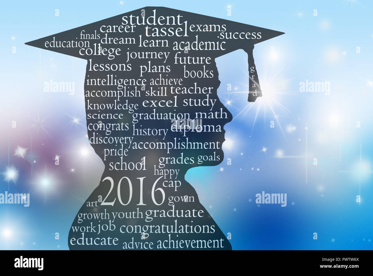 Silhouette der Absolvent 2016 mit Wortwolke auf Bokeh Hintergrund. Stockfoto