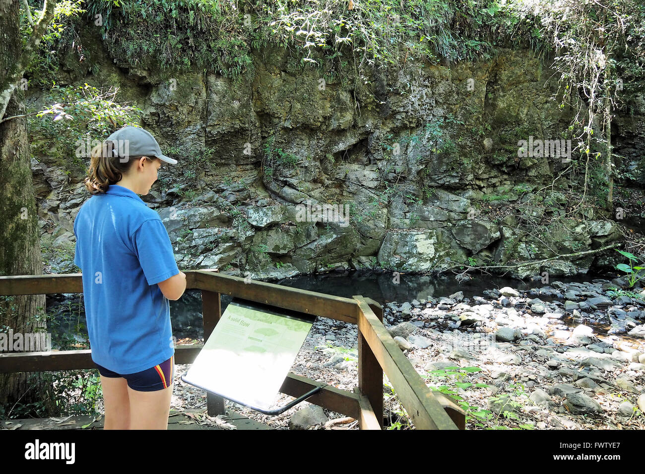 Junge Frau touristischen lesen interpretierende Zeichen an Regenwald Aussichtspunkt Stockfoto