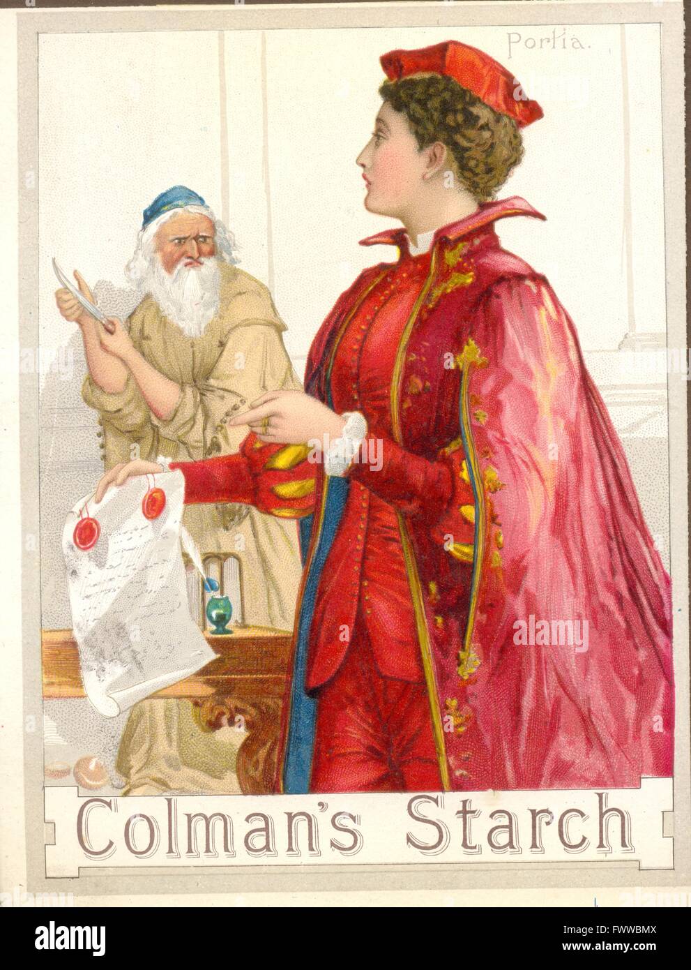 Chromolithographische Werbung für Colmans Stärke, die zwei Schauspieler in The Merchant of Venice zeigt, die Portia und Shylock spielen Stockfoto