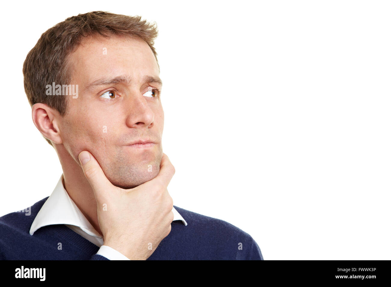 Menschen denken rücksichtsvoll mit der Hand am Kinn Stockfoto