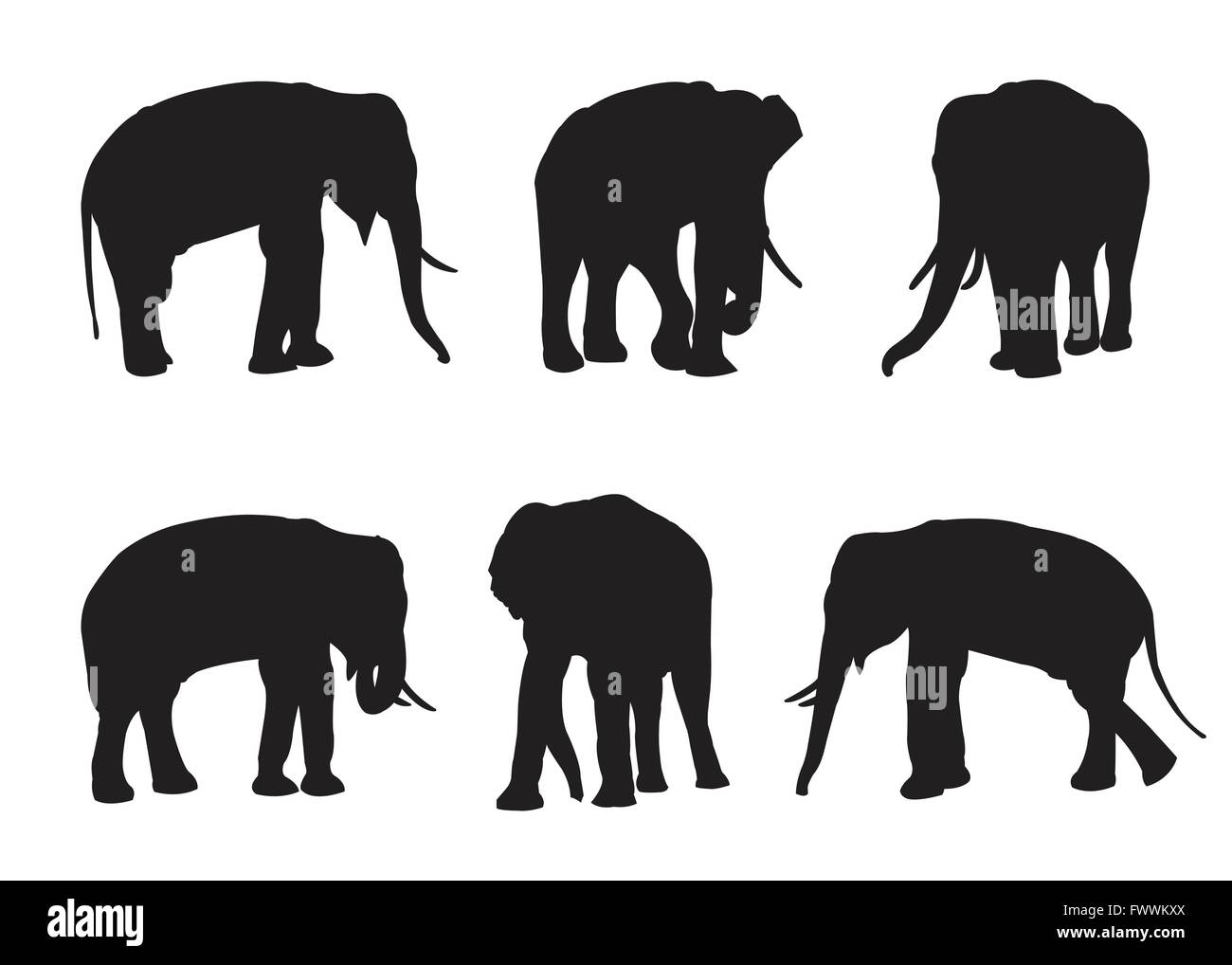 Elefanten Set Silhouetten auf dem weißen Hintergrund Stock Vektor