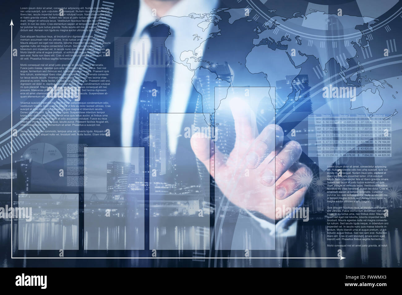 Technologie und Innovation, Business-Mann arbeitet mit Infografiken auf touchscreen Stockfoto
